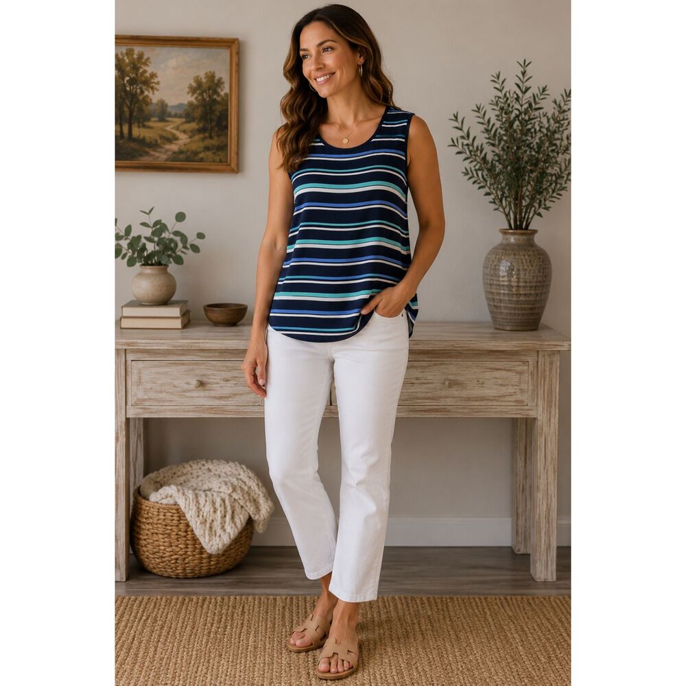 Tommy Hilfiger Sleeveless Striped Blouse Navy Blue Aqua White XL Career Casual